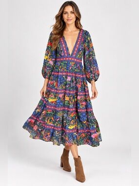 FARM Rio V-Neck Tiered Midi Dress in Multicolor Print Sz M
